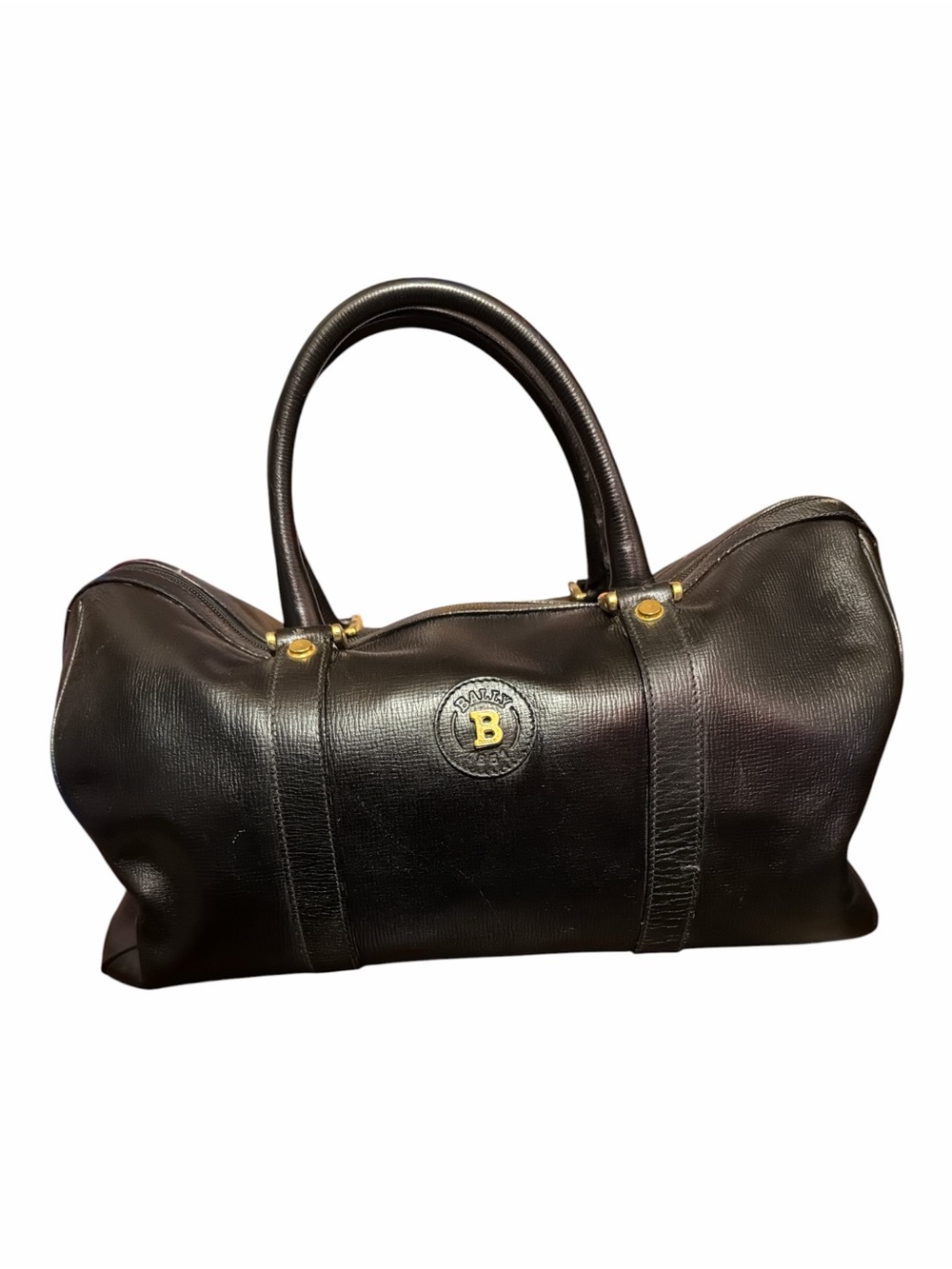 Vintage Bally Switzerland Black Grained Leather Boston Duffle Travel Bag
